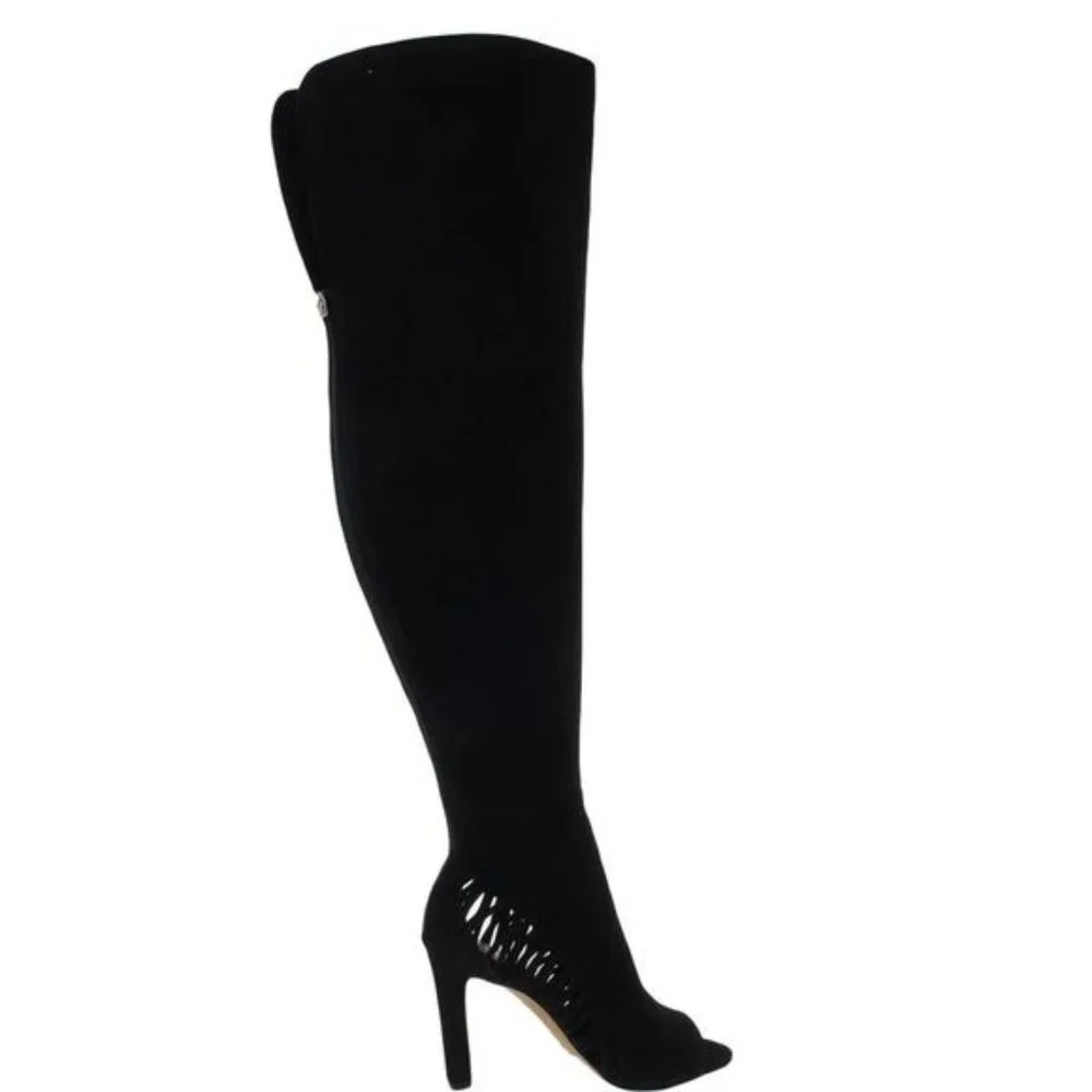 NIB VINCE CAMUTO Shassa Black Suede Open Toe Over-The-Knee Stiletto Heel Boots